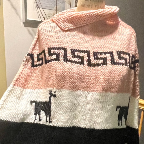 Vintage Hand Knitted Cape/Poncho Pullover | Black/White/Pink | Size: OS - Picture 4 of 14